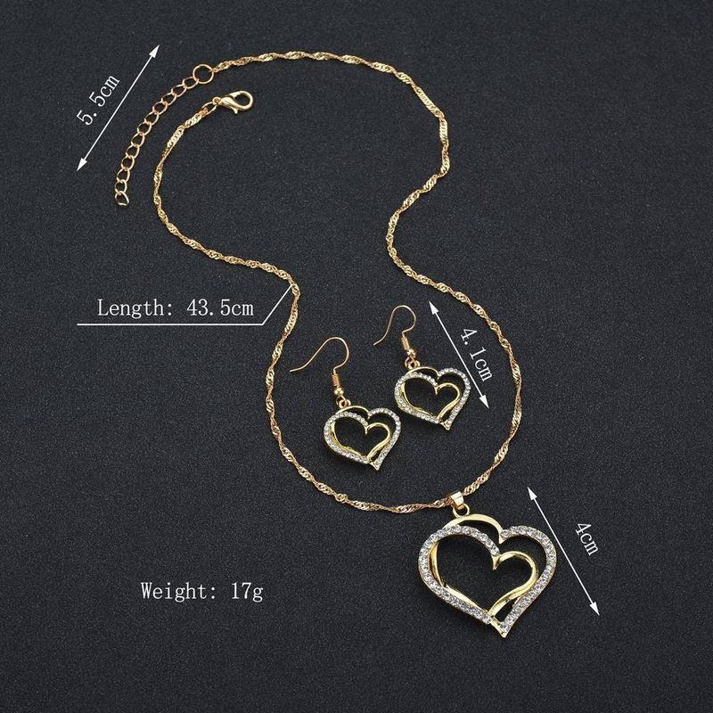 Double Hollow Love Heart Jewelry Set With Pendant Necklace & Drop Earrings & Chain Bracelet Inlaid Shiny Zircon Vintage Style Jewelry Set_voghion.com