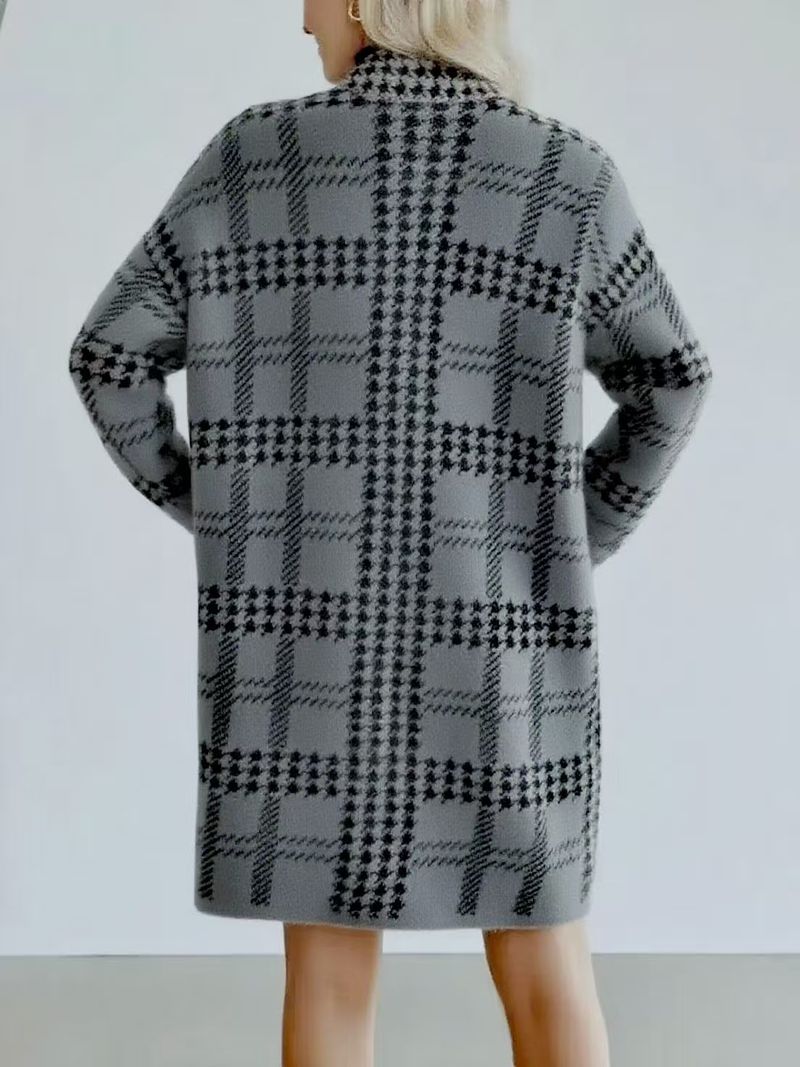 Chic Longline Houndstooth Cardigan – Oversized Open-Front Knit Wrap (Work To Weekend)_voghion.com