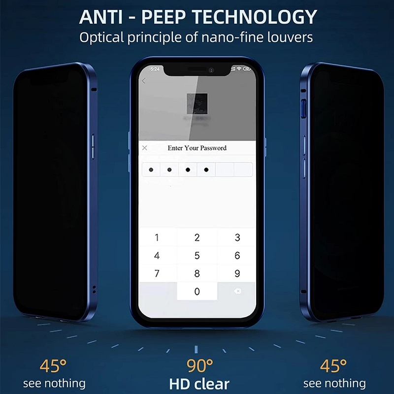 Funda de vidrio con cara metálica de privacidad para iPhone 13Mini 15 14 13 12 Pro Max Protección de lente doble broche_voghion.com