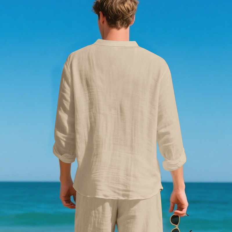 Maglietta a maniche lunghe con scollo a V in lino traspirante per uomo - Vestibilità rilassata, comfort casual, essenziale per l'estate_voghion.com