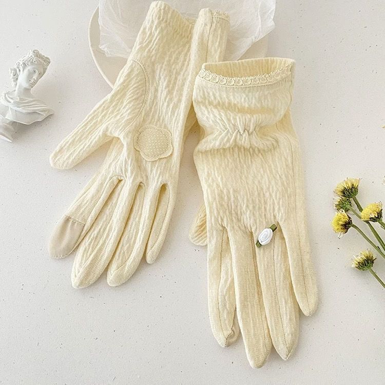 Cienkie damskie rękawiczki przeciwsłoneczne Fresh Style, do ekranów dotykowych, do jazdy samochodem latem, antypoślizgowe, z ochroną UV, z bawełny marszczonej._voghion.com