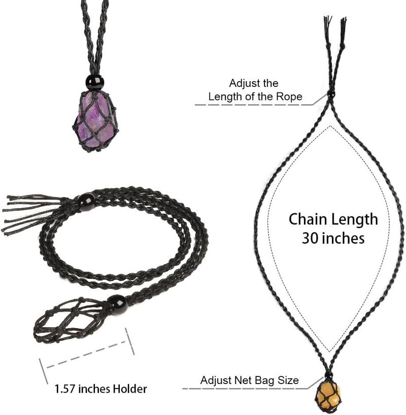 Collana con borsa a rete nera e pietre di cristallo grezzo - Catena regolabile intrecciata per la moda boho_voghion.com