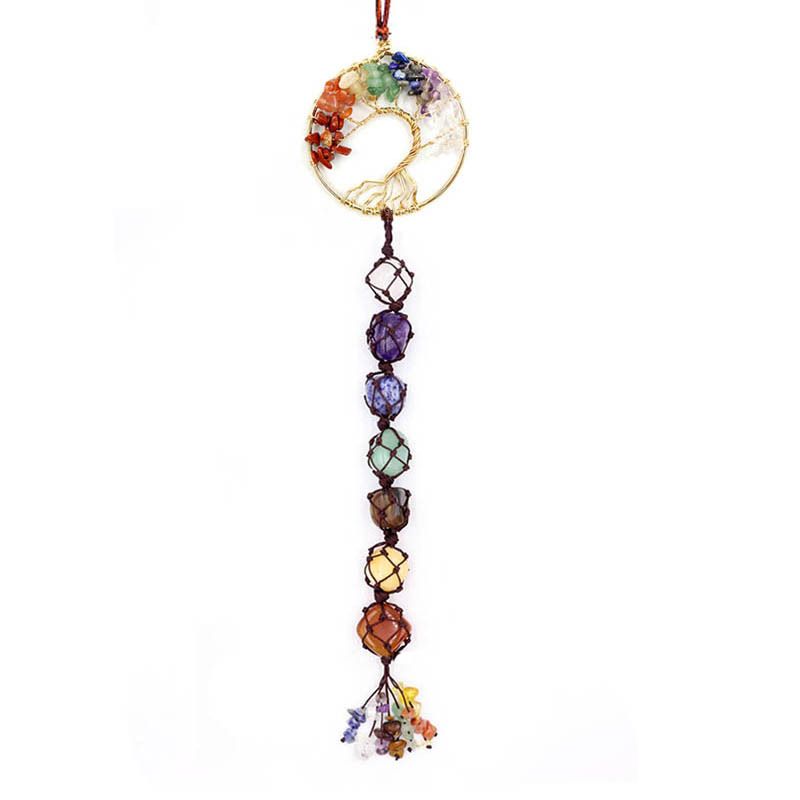 Handwoven 7-Color Crystal Gemstone Tree Of Life Car Hanging Ornament, Dreamcatcher Pendant, Boho Home Decor, Natural Stone Beaded Charm_voghion.com