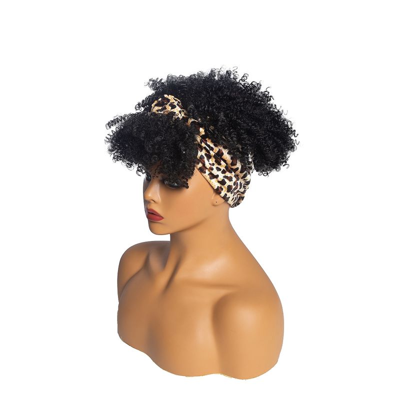 Small Curly African Short Curly Bangs Headband With Integrated Wig Hood, Black Leopard Print Style,headband Wig_voghion.com