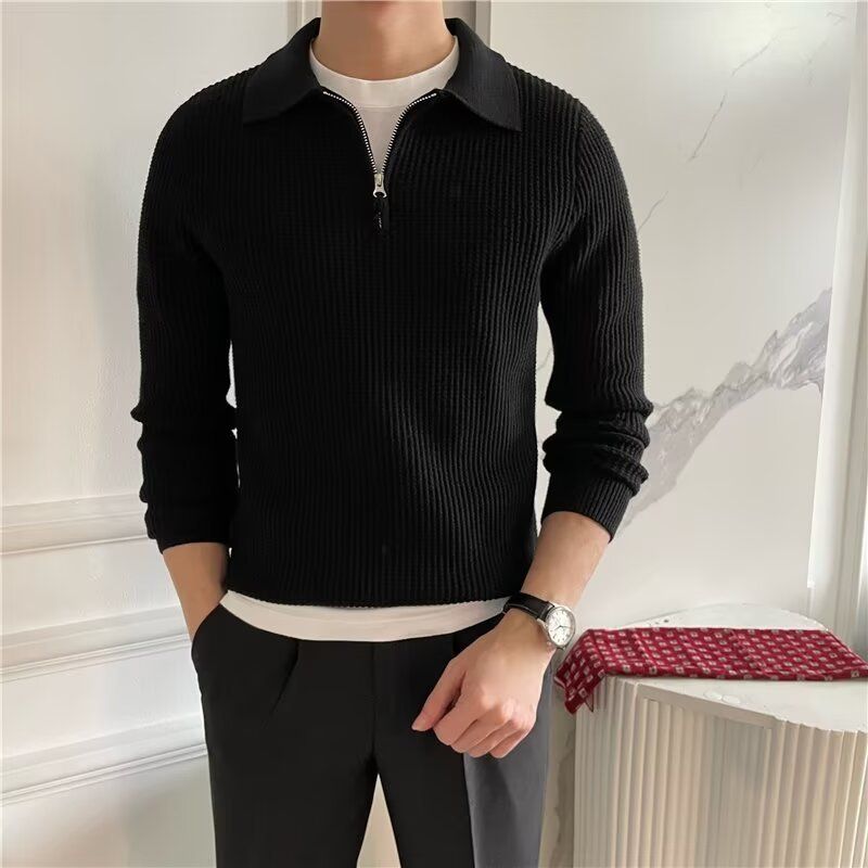 Herrenbekleidung Herren Langarm Polo-Pullover mit halbem Reißverschluss und Revers Hochwertiger Stoff Slim Fit Einfarbiges Wolloberteil_voghion.com