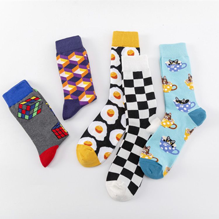 2025d Colorful Trendy Poached Egg Casual Cotton Street Fashion Mid-Calf Plus Size Men's Socks_voghion.com