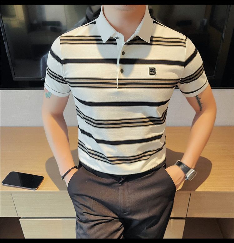 Douyin Kuaishou Supplies High-quality Summer Business Casual Men's Short-sleeved Shirts, Striped Antibacterial Cotton T-shirts_voghion.com