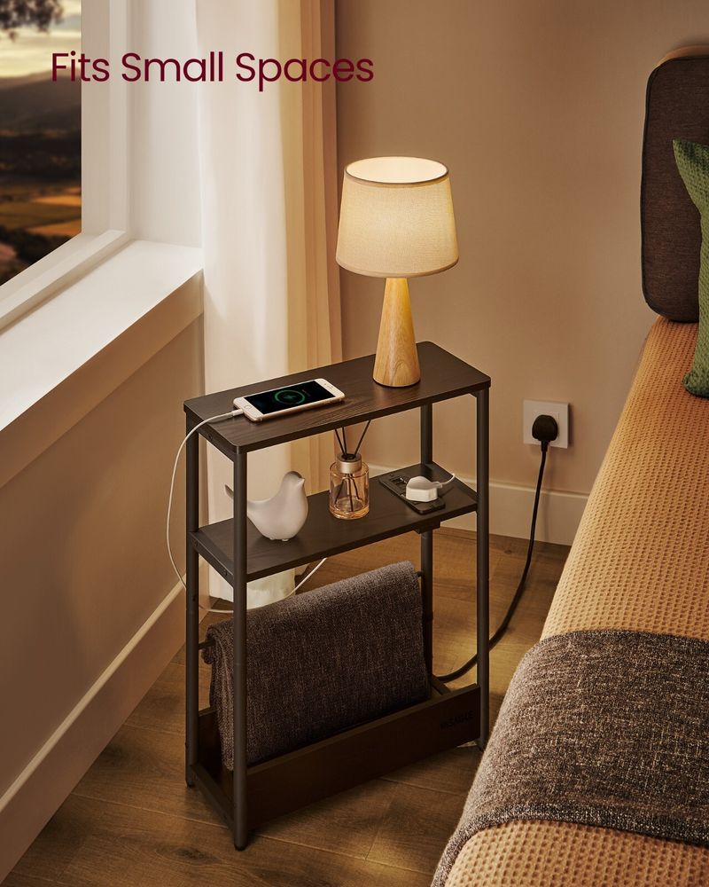 VASAGLE Slim Side Table With Charging Station, 3-Tier Bedside Table_voghion.com