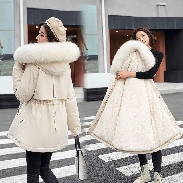 "Kurzmantel mit Fleecefutter für Damen, dicke, warme Winterjacke mit Kunstpelzkapuze, übergroße Passform, Reißverschluss, mehrere Farben und Größen"_voghion.com