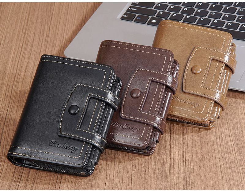 New Men's Short Wallet baellerry Multi-card Buckle Coin Purse Tri-fold Zipper Wallet for Men_voghion.com