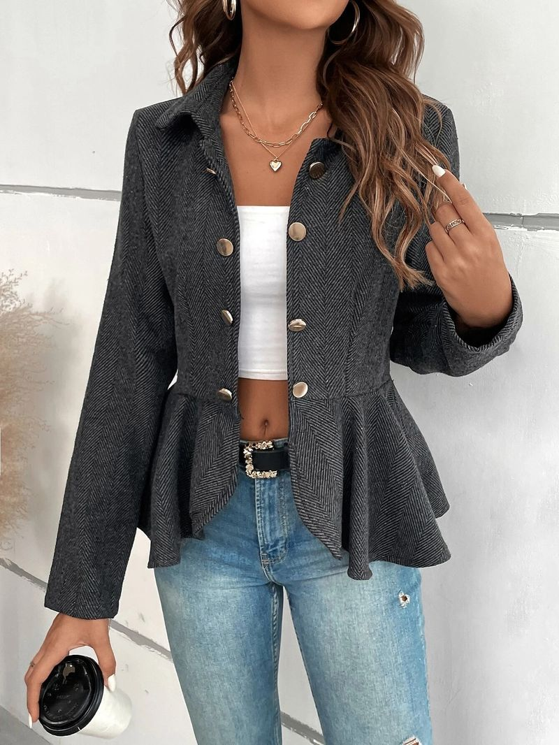 Abbigliamento da donna Blazer da ufficio a doppio petto con balze in jacquard e revers da donna_voghion.com