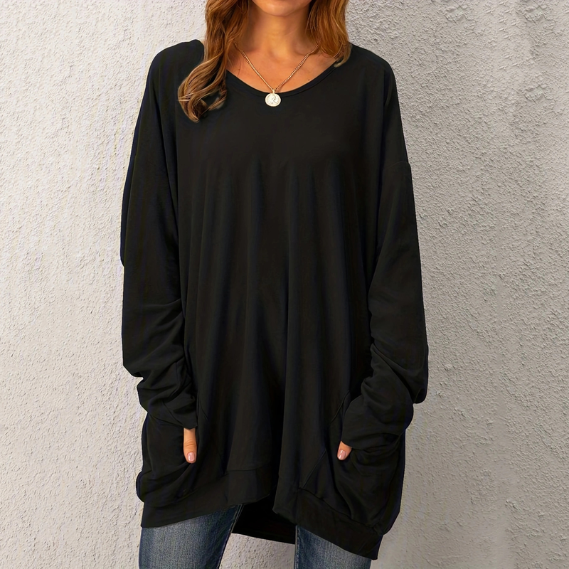 Einfarbiges Damen-T-Shirt mit langen Ärmeln, Rundhalsausschnitt, Taschenjacke, lockere, lässige Mode_voghion.com