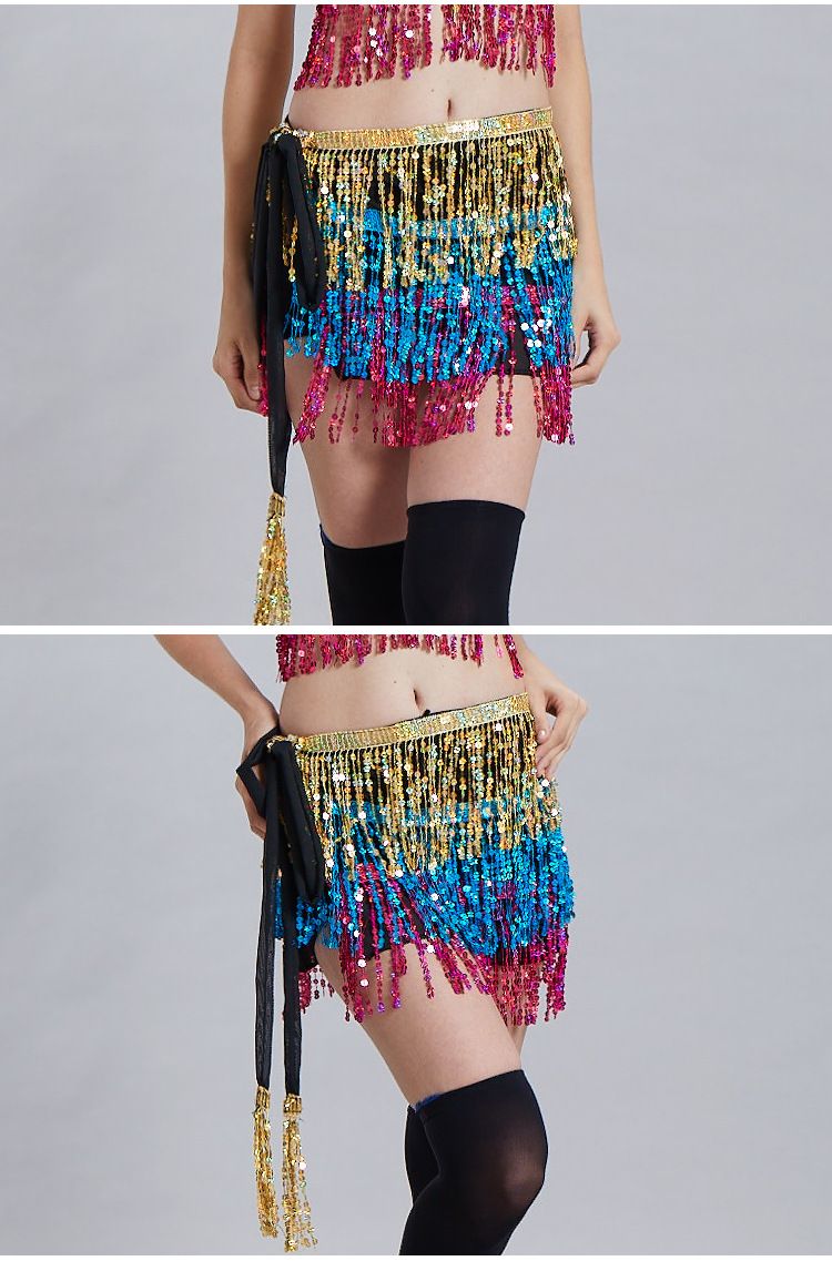 Chaîne de taille pour danse du ventre d'Halloween, serviette de hanche indienne, serviette de hanche à franges à paillettes bohème, costume de scène DS Performance_voghion.com
