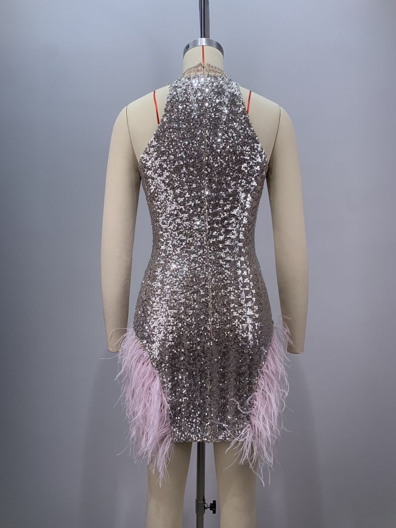Elegante abito senza maniche in rete con paillettes e finiture in piume per feste ed eventi serali – Mini abito aderente sexy con scollo a V e decorazioni in strass_voghion.com