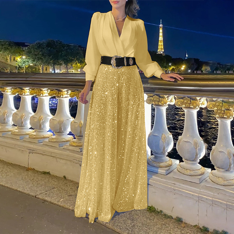 Camicia a maniche lunghe con scollo a V alla moda da donna, pantaloni a gamba larga con paillettes dimagranti in vita elegante_voghion.com