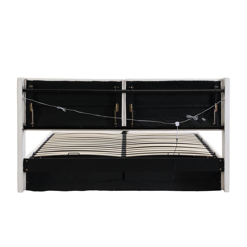 Lit rembourré LED binaural 160 x 200 cm, lit coffre hydraulique avec tête de lit réglable, port USB rechargeable, éclairage LED, texture pierre PU, blanc_voghion.com