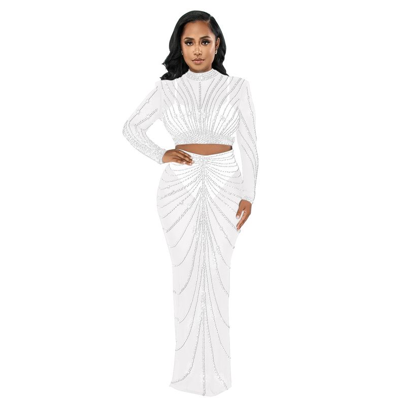 Completo abito a maniche lunghe in rete trasparente e strass – Elegante abito da sera in due pezzi con sovrapposizione decorata (nero/blu/rosso/carne/bianco, dalla S alla XXL)_voghion.com
