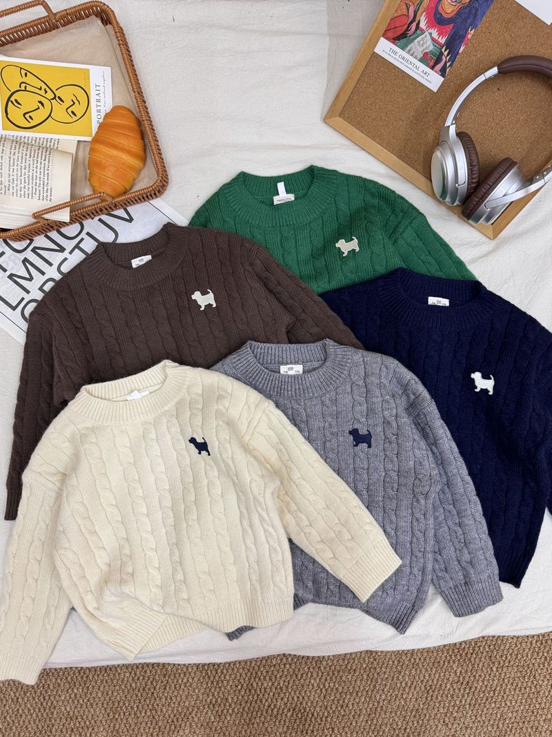 Pull enfant automne hiver garçon et fille couleur unie broderie chiot ample et chaude en maille torsadée style bébé tendance_voghion.com