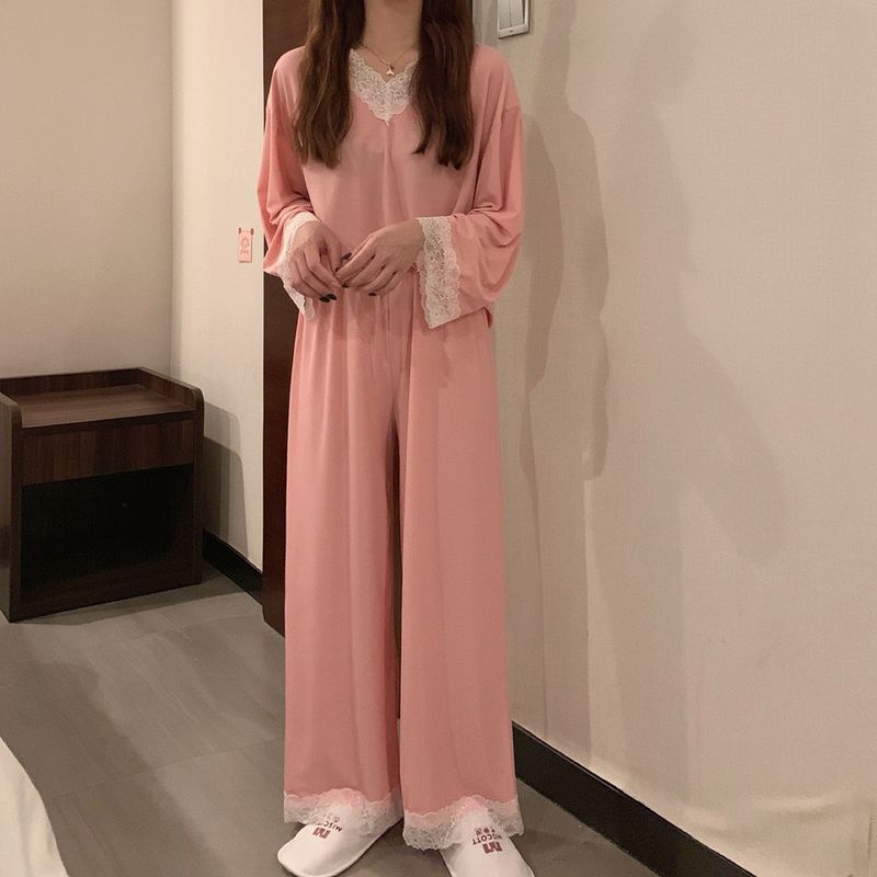 Pigiama casual e comodo in seta ghiacciata da donna, estivo e autunnale, nuovo set di due pezzi in pizzo con pantaloni a maniche lunghe_voghion.com