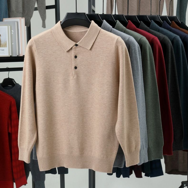 Nuovo maglione polo in maglia a maniche lunghe con colletto rovesciato in lana autunno inverno da uomo, tinta unita, per la mezza età_voghion.com