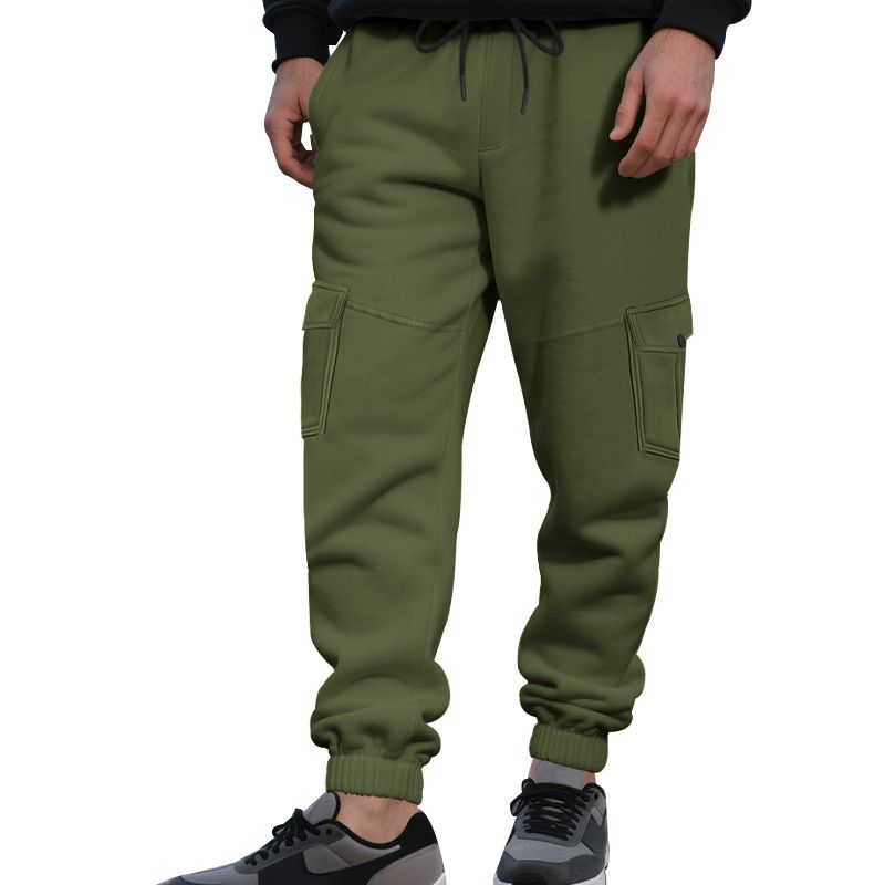 Autumn Winter Fleece Drawstring Men's Loose Casual Sports Multi-Pocket Cargo Pants_voghion.com