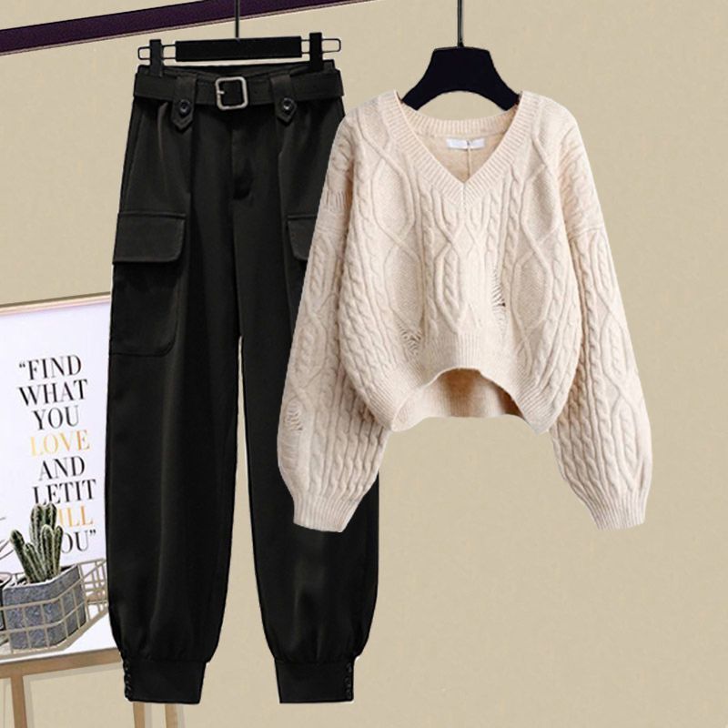 Conjunto de outono feminino plus size – moletom moderno e calça cargo slim fit (cinza/preto/branco/azul claro/bege, M-4XL)_voghion.com