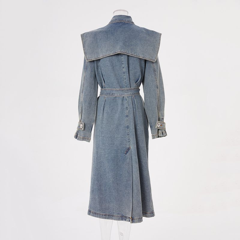Damen-Jeans-Trenchcoat – Mittellange blaue Jacke mit taillenbetontem Revers (S/M/L/XL)_voghion.com
