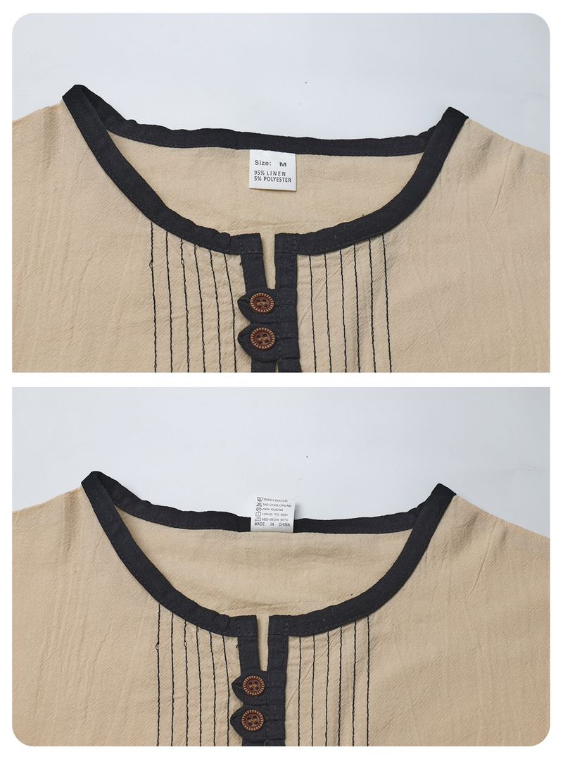 Maglietta sportiva casual ampia a maniche lunghe in lino tinta unita da uomo Henry Collar_voghion.com