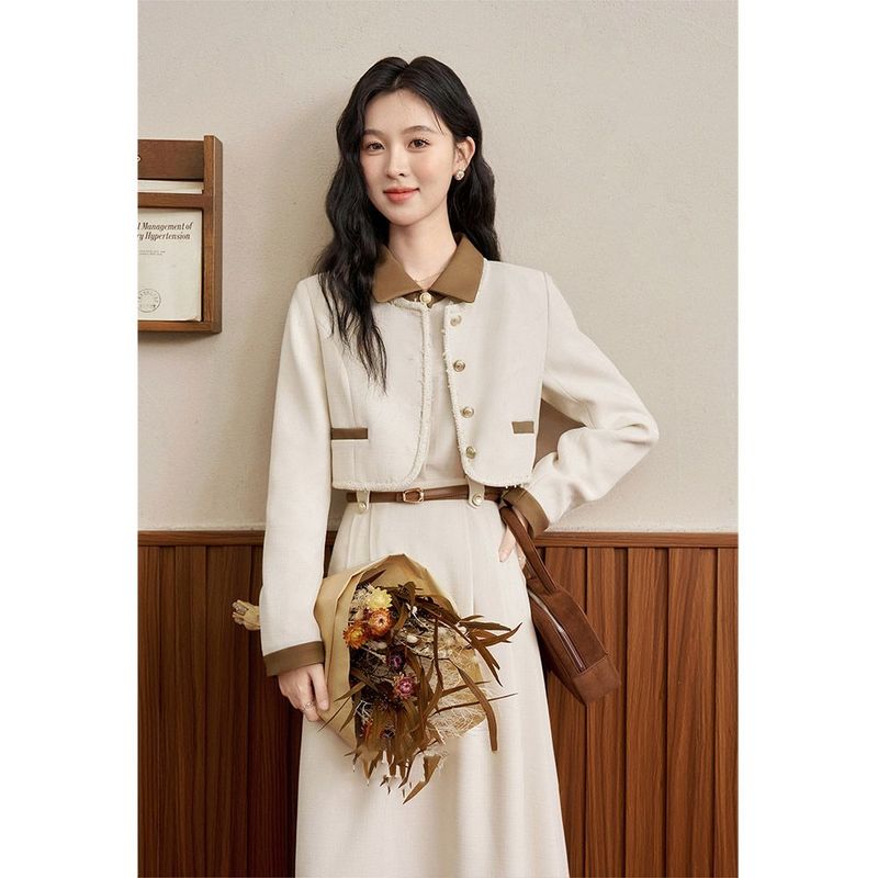 Apricot Waist-Cinching Long Dress + Short Blazer Fashion 2024 Autumn Simple Elegant Two-Piece Set_voghion.com