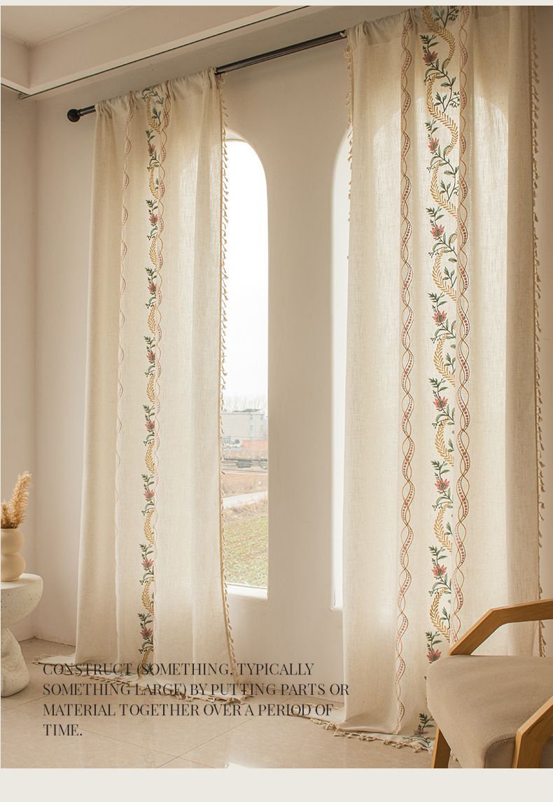 Cortinas de algodão e linho boêmias com borlas e bordados florais - Cortinas semitransparentes para quarto, cozinha e varanda (vários tamanhos e cores)_voghion.com