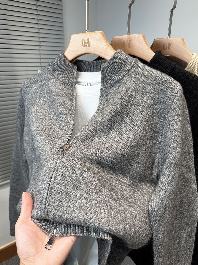 Men’s Thickened Zip-Up Knit Cardigan – Semi-Turtleneck Winter Sweater (M-3XL, Beige/Grey/Black)_voghion.com