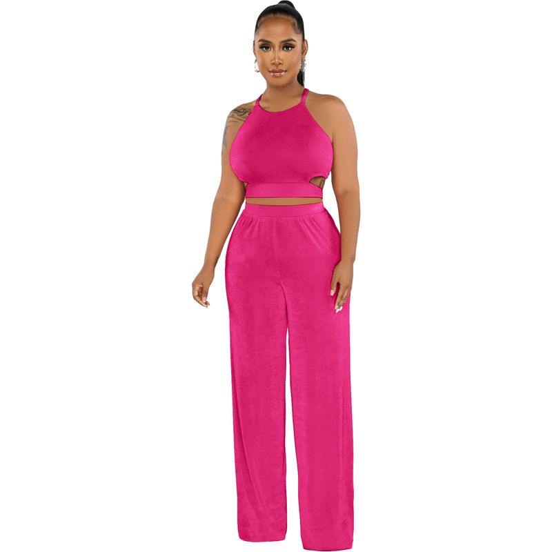 Women's clothing Halter cross strap solid color wide-leg pants two-piece set _voghion.com
