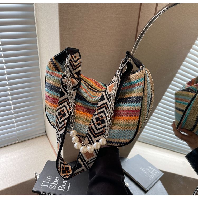 Sac à bandoulière simple tissé en herbe bohème pour femmes, nouvelle mode 2025, motif croix diagonale, motif boulettes_voghion.com