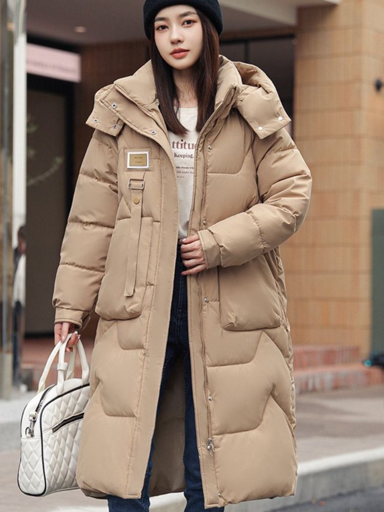 Cappotto da donna in cotone con cappello staccabile; giacca lunga sopra il ginocchio imbottita in cotone spesso; giacca da donna imbottita in cotone._voghion.com