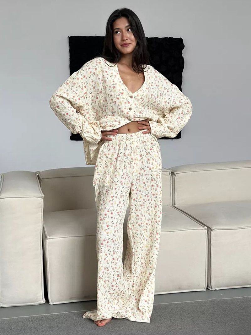 Damen Nachtwäsche Reine Baumwolle Bedruckte Hose Pyjama Set Neue Strickjacke Pyjamas Home Kleidung_voghion.com