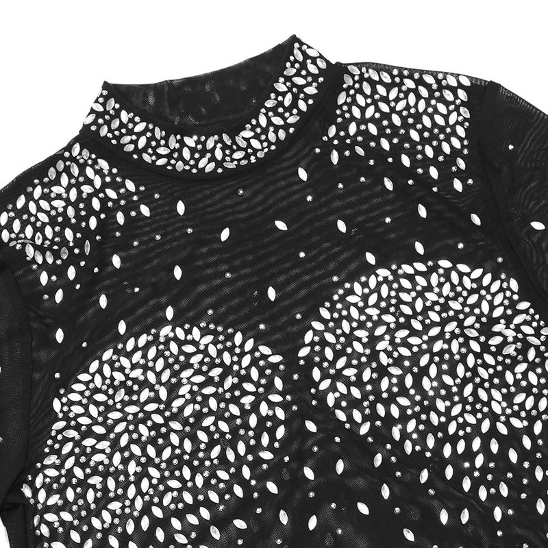 Abbigliamento da donna, abito da donna in due pezzi trasparente con diamanti caldi, top alla moda a maniche lunghe con scollo tondo e pantaloni slim_voghion.com
