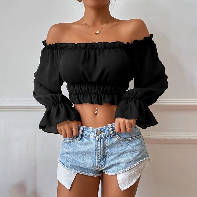 Camicia a maniche lunghe con colletto in legno e bordo in legno per la casa, sexy e casual da donna_voghion.com