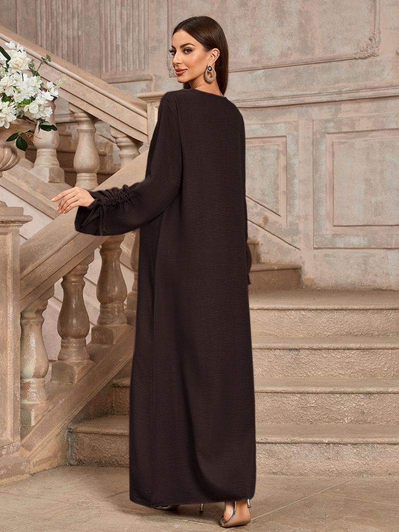 Abito lungo elegante alla moda da donna, in tessuto di poliestere, con cintura, lunghezza midi, maniche lunghe e regolari._voghion.com