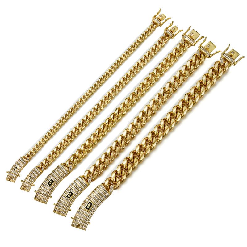 Herrenschmuck Zirkonschnalle Titanstahl Edelstahlschmuck Kubanische Kette Herren Hip Hop Halskette mit 14 Karat Gold überzogen_voghion.com