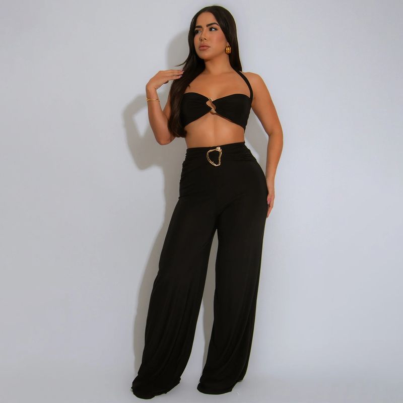 Ensemble deux pièces sexy à col licou et boucle décorative pour femme, vêtements d'été tendance, couleur unie_voghion.com