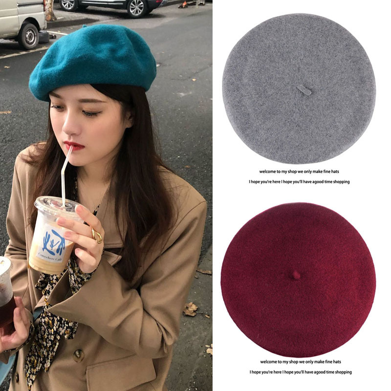 Wełniany beret damski Ishihara Satomi beret w tym samym stylu jesienno-zimowy wełniany beret retro niebieska czapka malarza_voghion.com