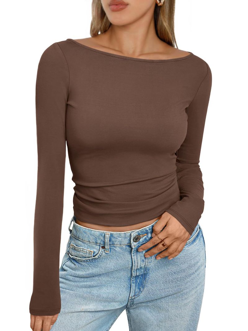 T-shirt a maniche lunghe slim fit ispirata da donna – Top girocollo con spalle scoperte in tessuto elasticizzato in seta di latte, versatile per autunno e inverno_voghion.com