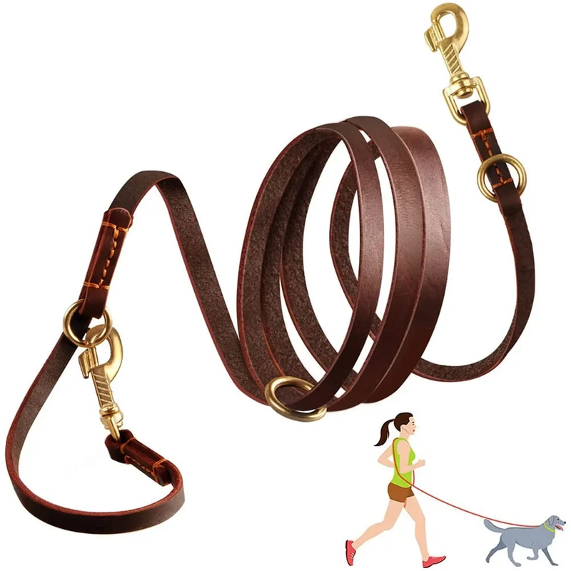 Coleira dupla multifuncional de couro real, forte e macia, ajustável, mãos livres, crossbody, para todos os cães_voghion.com