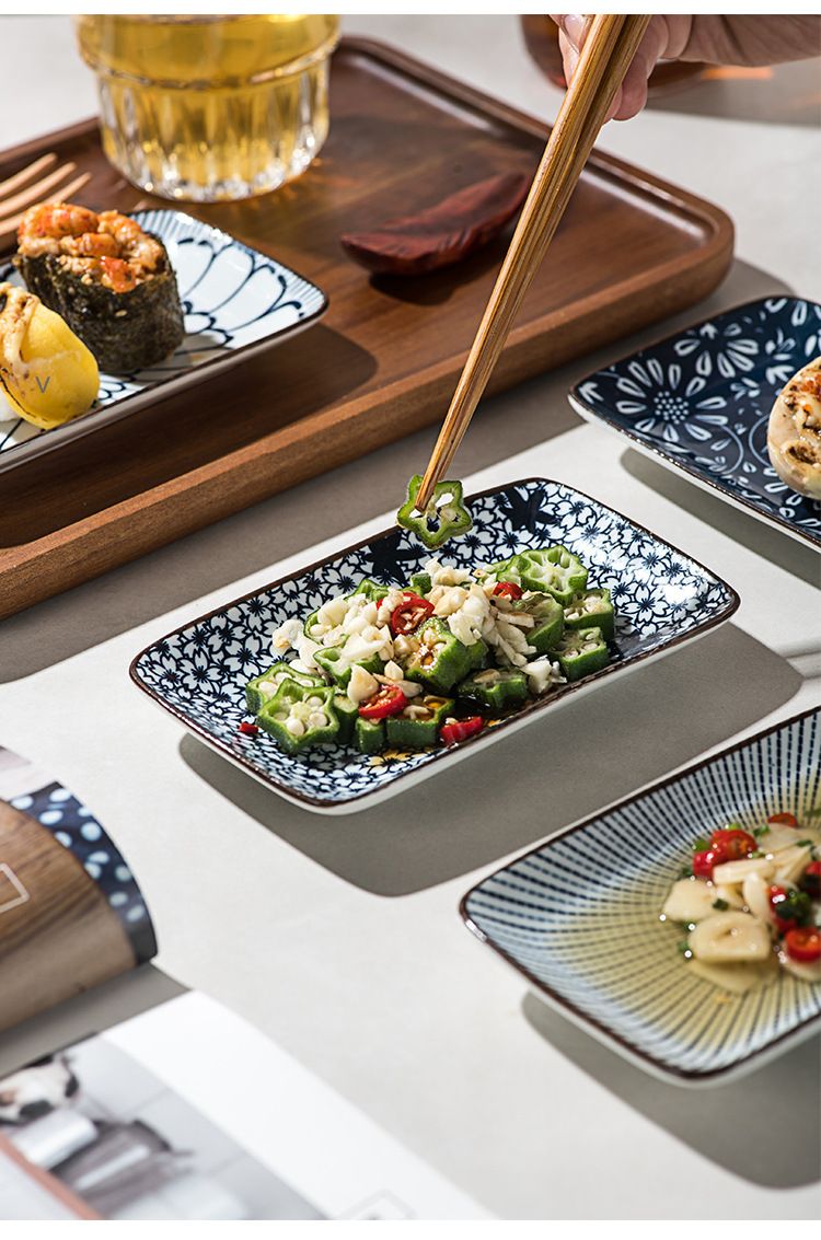 Japanese Style Ceramic Rectangular Plate Four Plate Tableware Set Household Underglaze Color Creative Sushi Plate Dessert Plate Snack Plate_voghion.com