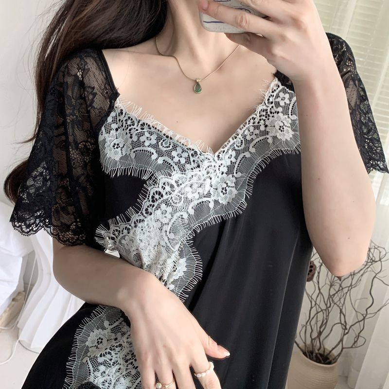 Vasarinė pižama plono stiliaus naktiniai nėriniuoti trumpomis rankovėmis nėriniuoti atlasiniai rūbai namams_voghion.com