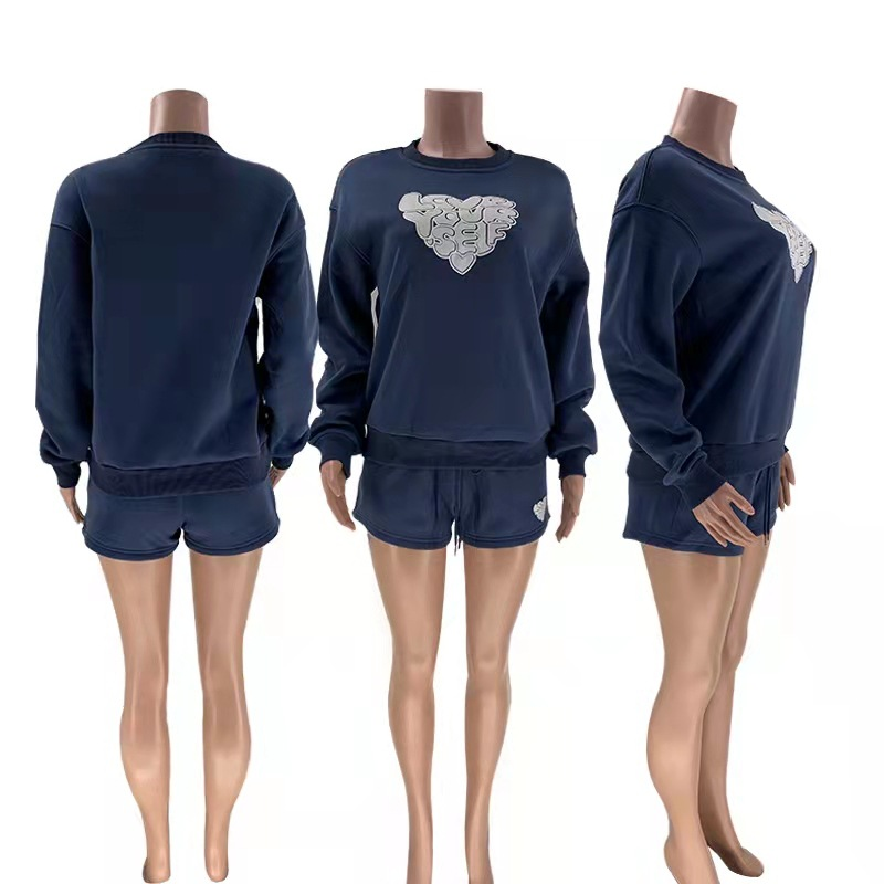 Women's fashion casual printed shorts two-piece set plus fleece long-sleeved hoodie set_voghion.com