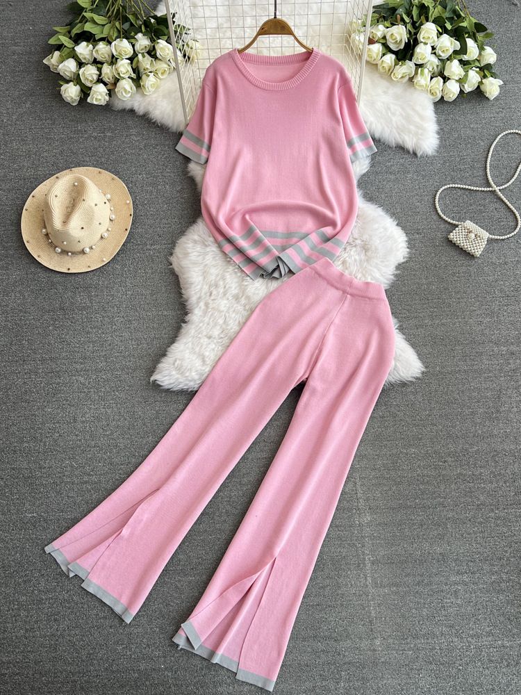 2024 Nuevo traje de moda para mujer primavera estilo coreano cuello en V suelto contraste de color tejido de dos piezas cintura alta pantalones de pierna ancha_voghion.com