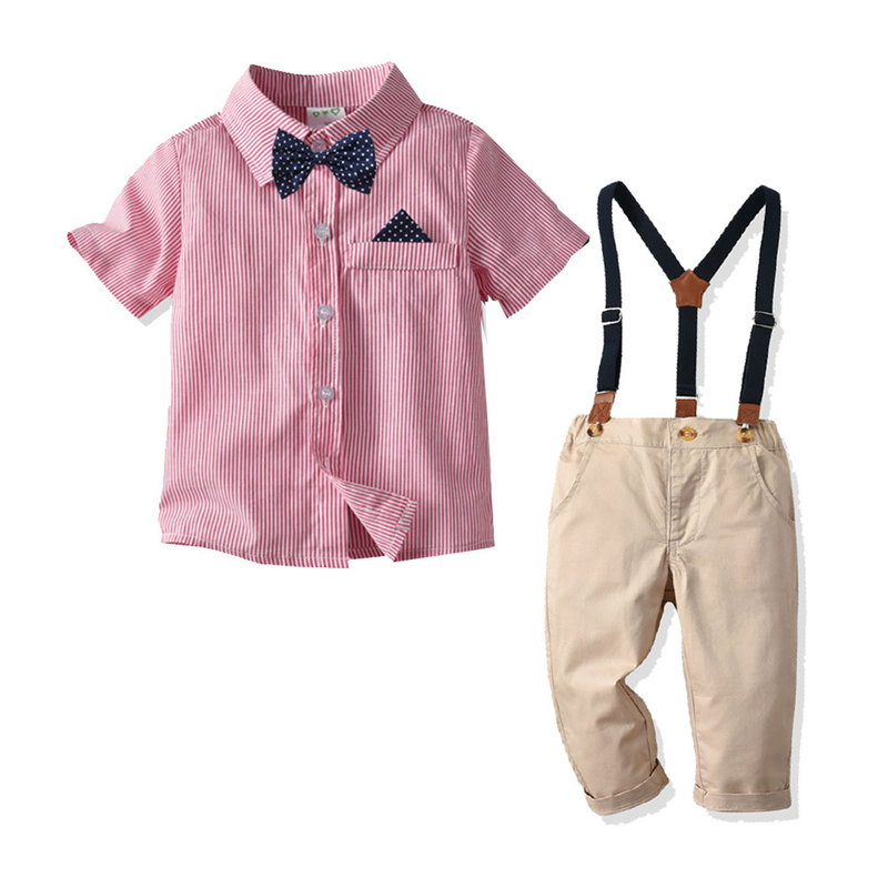 Camicia a righe a maniche corte autunnale, bretelle, pantaloni e papillon Abito da gentiluomo in quattro pezzi per bambini_voghion.com