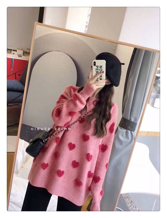 2024 Herbst/Winter Neuer Pullover aus Nerz und Plüsch mit dickem Herz für Damen, koreanische Version, Pullover im Lazy-Style, lockere Jacke_voghion.com