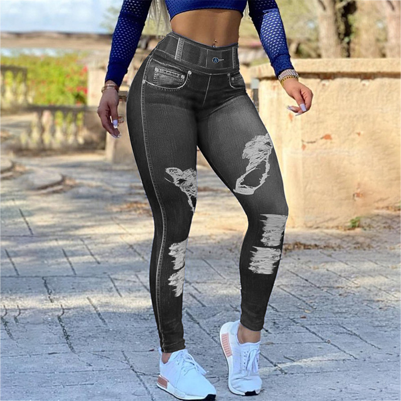 Leggings imitation denim taille haute extensible pour femmes, pantalon de yoga, de sport, de fitness, grande taille_voghion.com